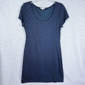 Isaac Mizrahi Dress Womens Sz Lg Navy Short Sleeve Eyelet Lace Stretch